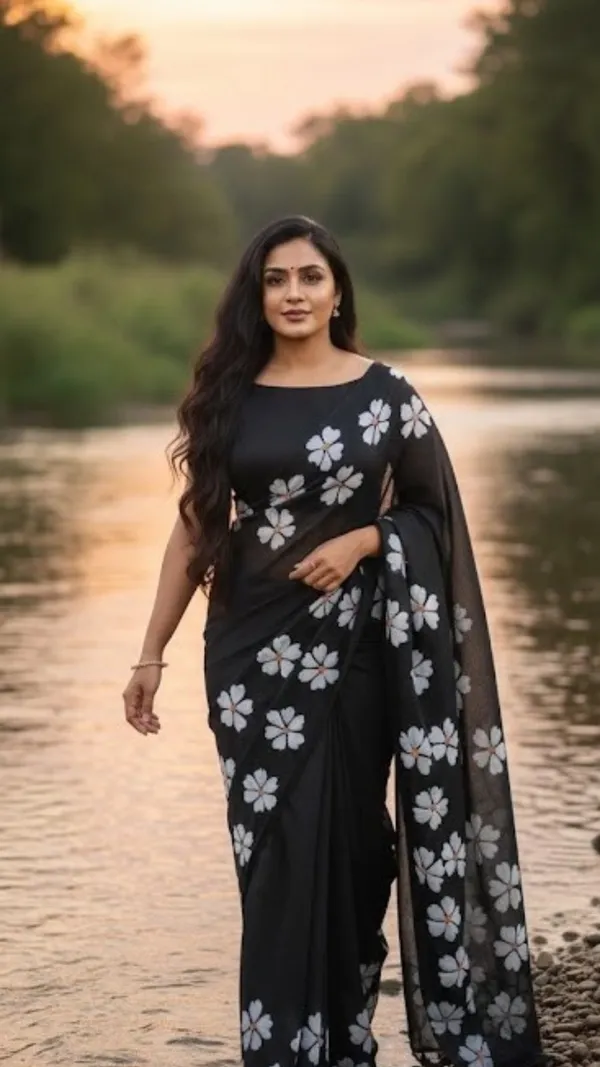 Black_With_White_Floral_Print_Floral_Khadi_Cotton_Saree