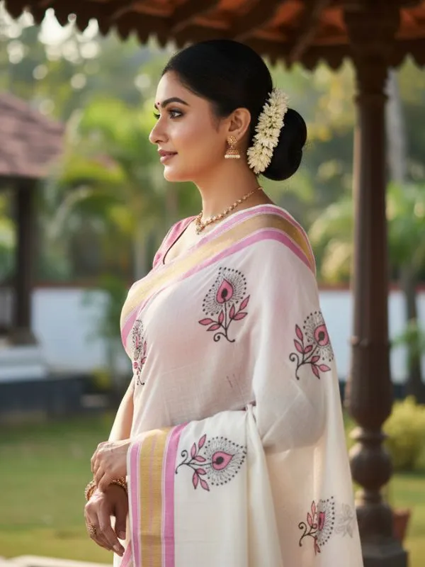 Ivory_Pink_And_Gold_Bloom_Buta_Kasavu_Saree_Ivory_With_Floral_Motifs