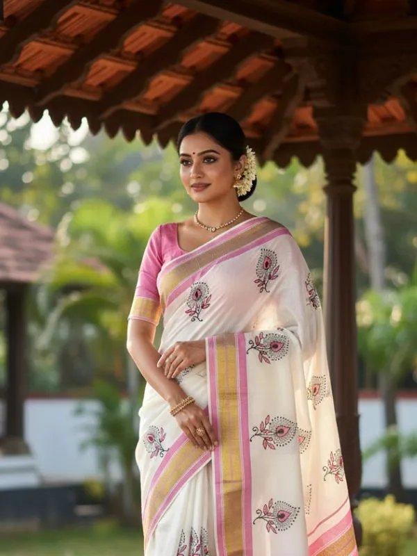 Ivory_Pink_And_Gold_Bloom_Buta_Kasavu_Saree_Ivory_With_Floral_Motifs