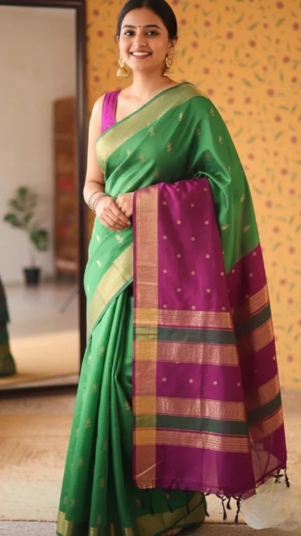 Emerald_Green_With_Contrast_Magenta_Border_Classic_Kalyani_Cotton_Saree