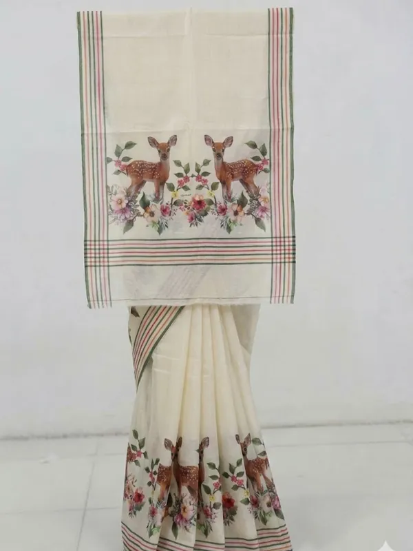 Cream_Linen_Saree_With_Digital_Floral_&_Deer_Print