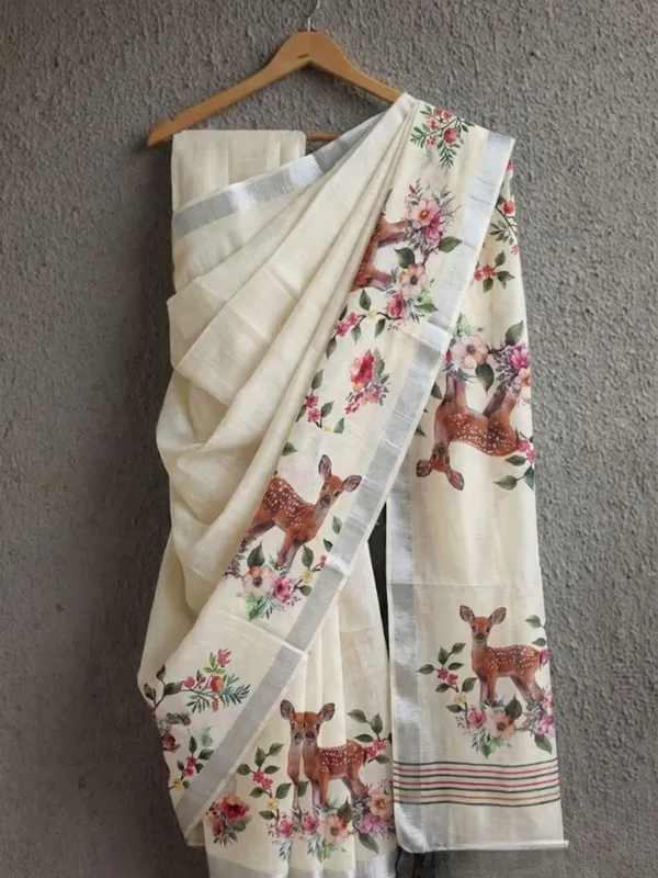 Cream_Linen_Saree_With_Digital_Floral_&_Deer_Print