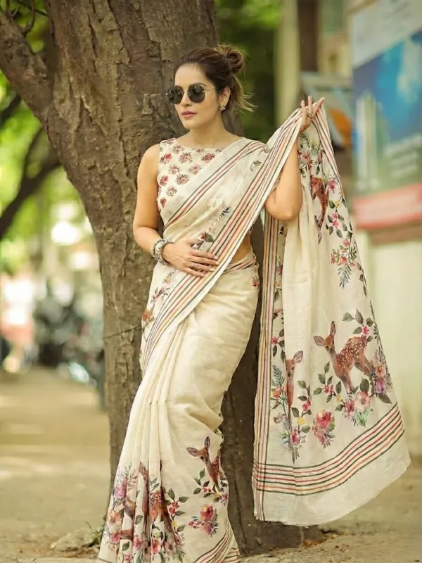 Cream_Linen_Saree_With_Digital_Floral_&_Deer_Print