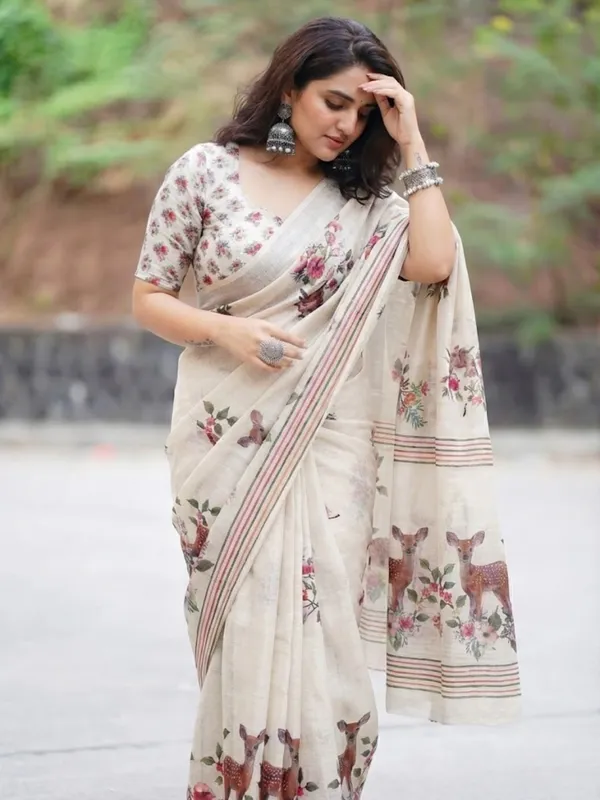 Cream_Linen_Saree_With_Digital_Floral_&_Deer_Print