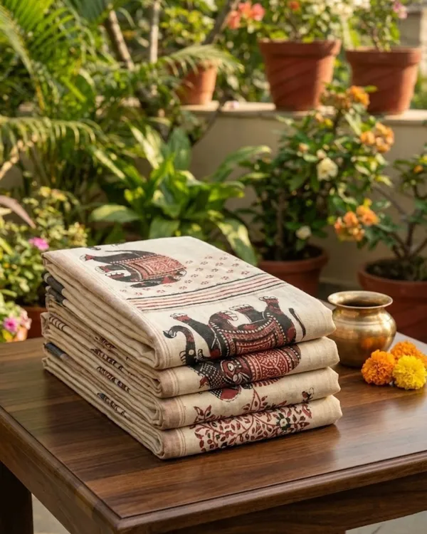 Cream_&_Black_Block_Printed_Saree_With_Elephant_Motifs