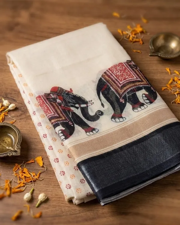 Cream_&_Black_Block_Printed_Saree_With_Elephant_Motifs