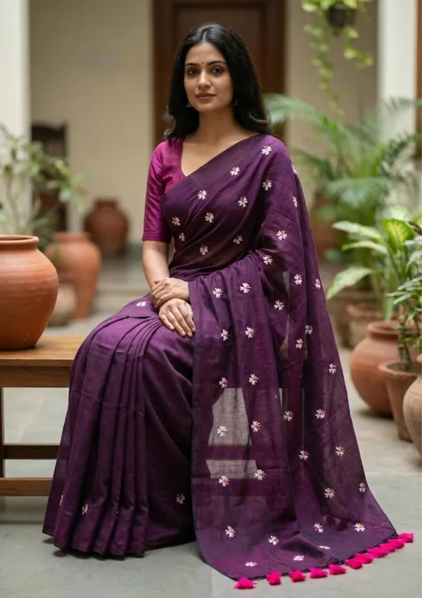 Deep_Purple_And_Wine_Khadi_Cotton_Saree_With_Floral_Embroidery_&_Pink_Tassels