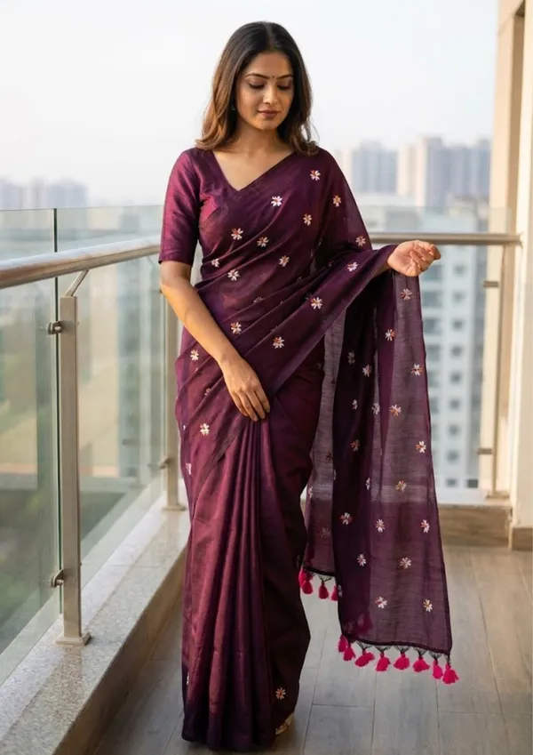 Deep_Purple_And_Wine_Khadi_Cotton_Saree_With_Floral_Embroidery_&_Pink_Tassels