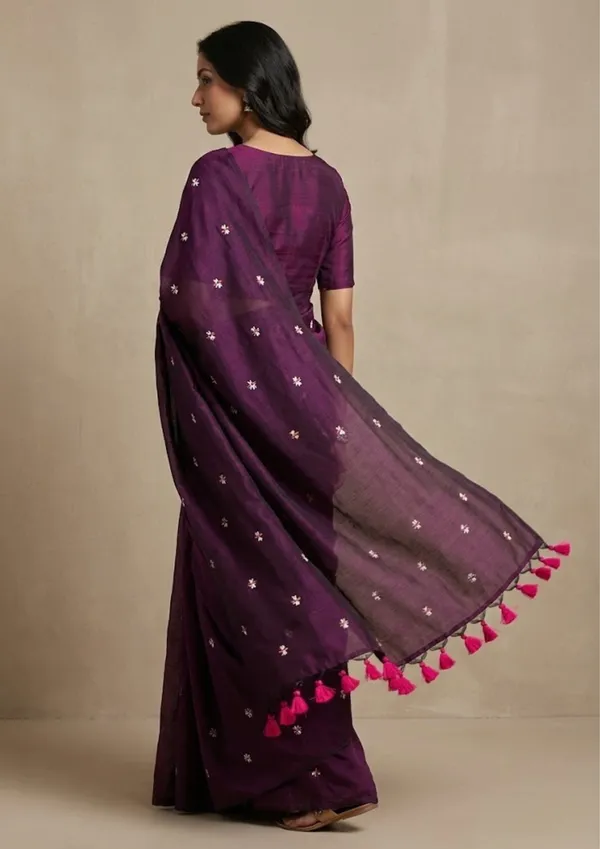 Deep_Purple_And_Wine_Khadi_Cotton_Saree_With_Floral_Embroidery_&_Pink_Tassels