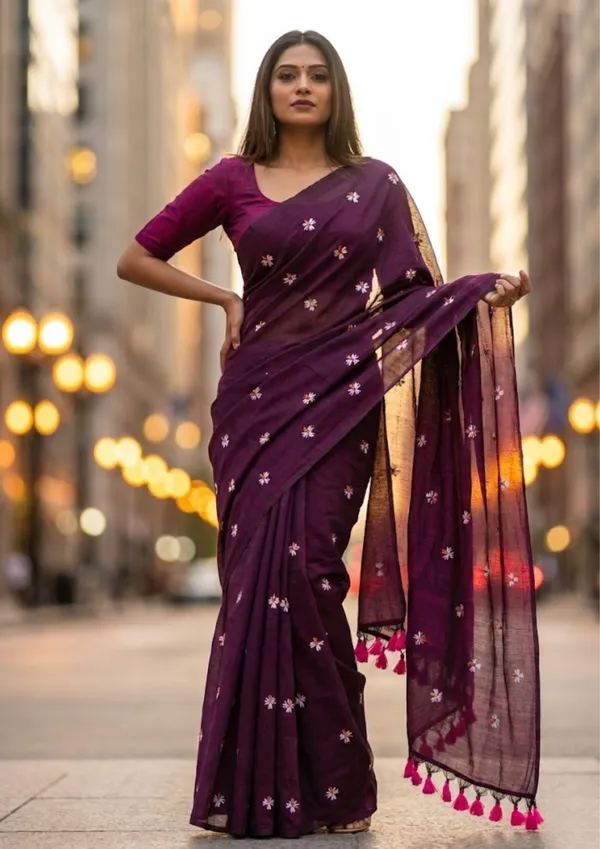 Deep_Purple_And_Wine_Khadi_Cotton_Saree_With_Floral_Embroidery_&_Pink_Tassels