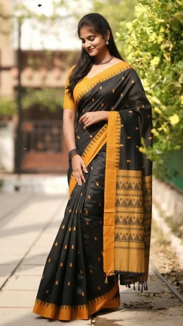 Black_And_Mustard_Yellow_Elegant_Maheshwari_Cotton_Saree_With_Temple_Border