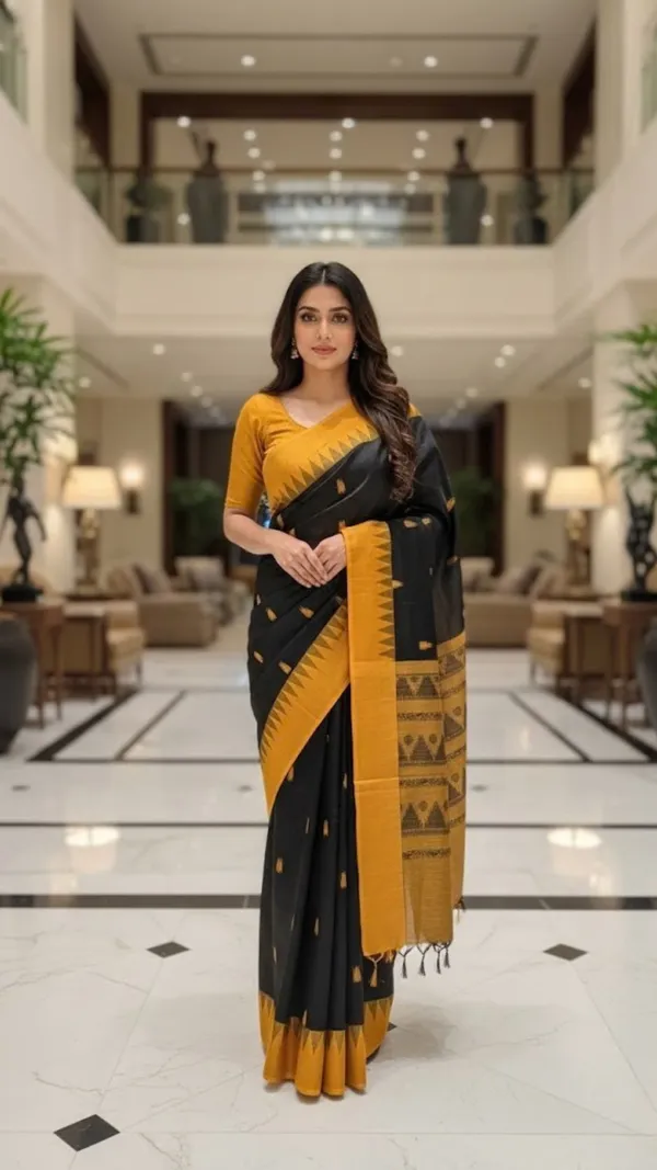 Black_And_Mustard_Yellow_Elegant_Maheshwari_Cotton_Saree_With_Temple_Border