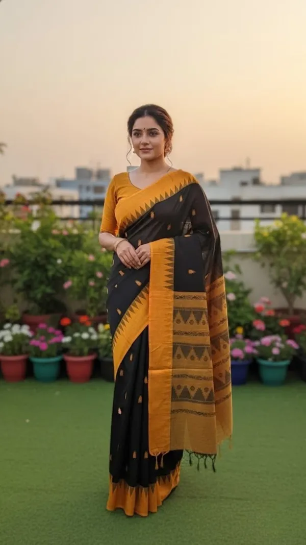 Black_And_Mustard_Yellow_Elegant_Maheshwari_Cotton_Saree_With_Temple_Border