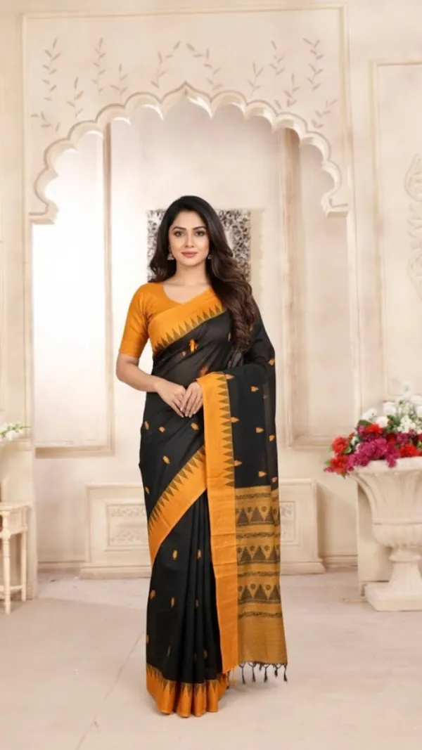 Black_And_Mustard_Yellow_Elegant_Maheshwari_Cotton_Saree_With_Temple_Border