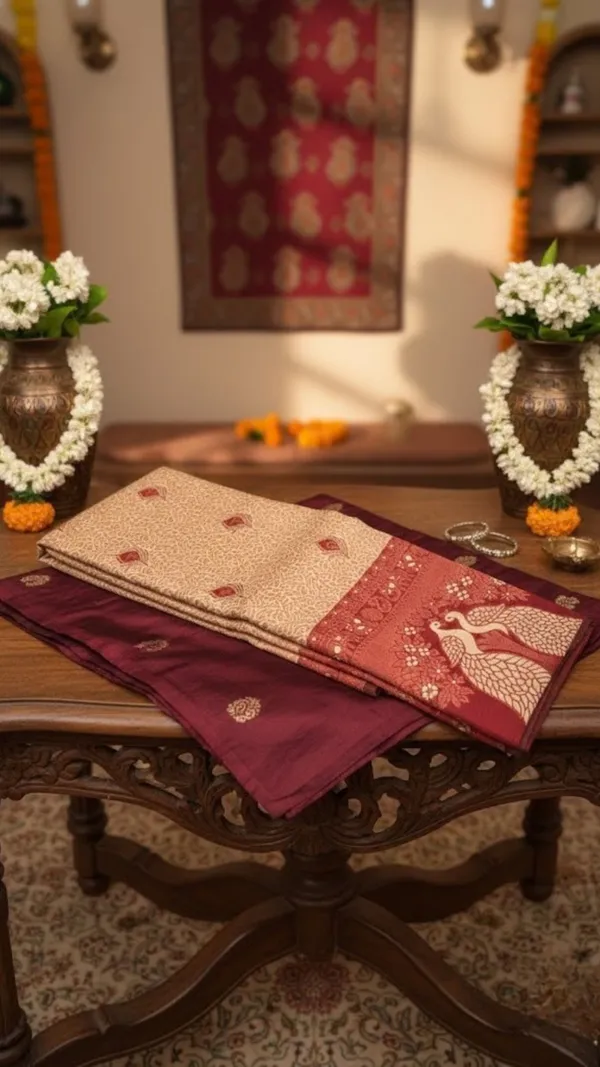 Wine_And_Cream_With_Golden_Zari_Elegant_Peacock_Motif_Silk_Saree_With_Zari_Border
