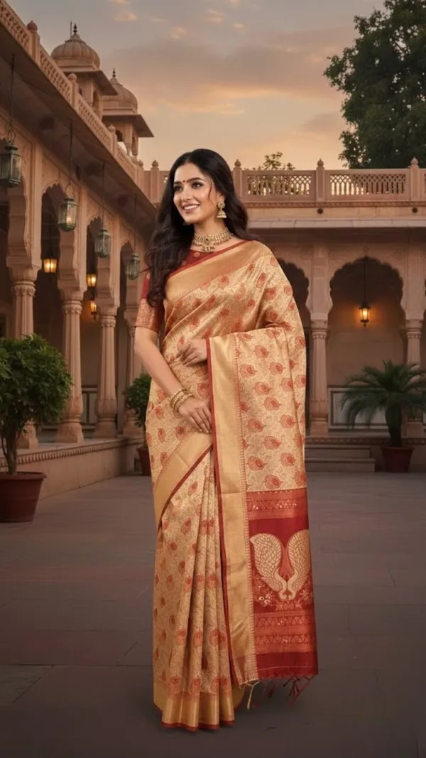 Wine_And_Cream_With_Golden_Zari_Elegant_Peacock_Motif_Silk_Saree_With_Zari_Border