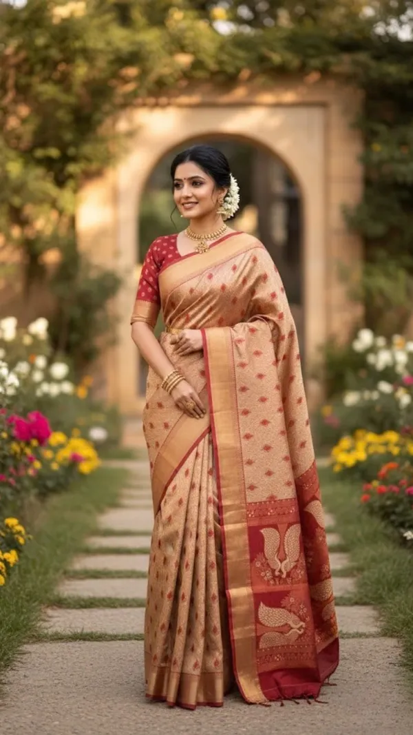 Wine_And_Cream_With_Golden_Zari_Elegant_Peacock_Motif_Silk_Saree_With_Zari_Border