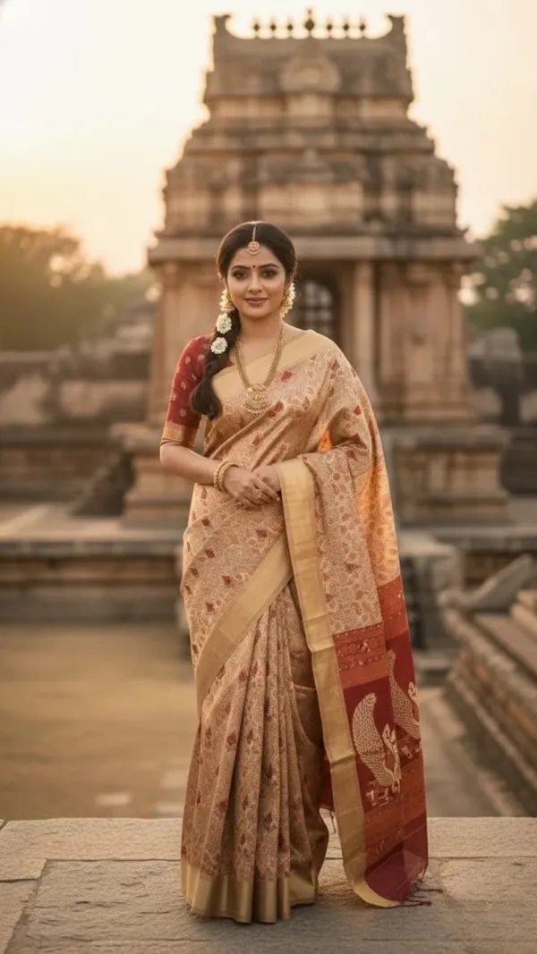 Wine_And_Cream_With_Golden_Zari_Elegant_Peacock_Motif_Silk_Saree_With_Zari_Border
