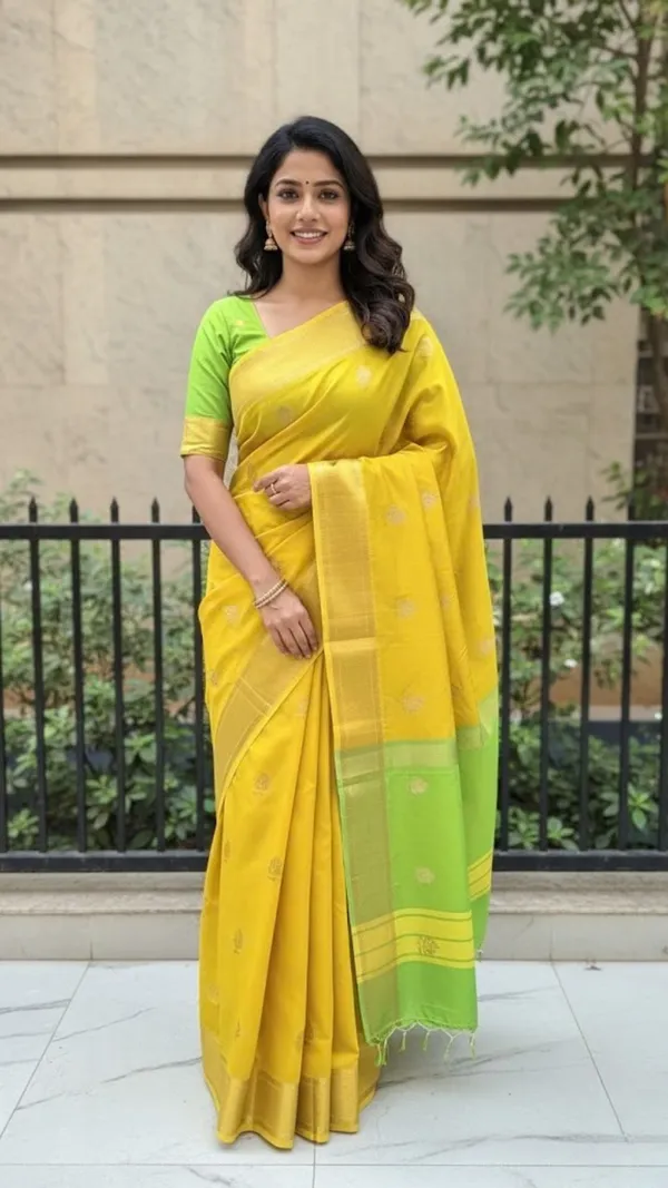 Mustard_Yellow_And_Lime_Green_Maheshwari_Cotton_Saree_With_Border