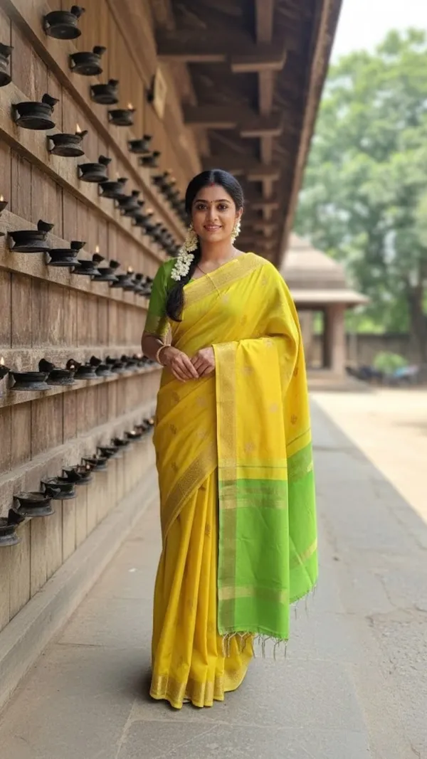 Mustard_Yellow_And_Lime_Green_Maheshwari_Cotton_Saree_With_Border
