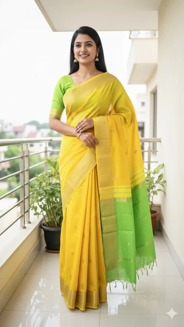 Mustard_Yellow_And_Lime_Green_Maheshwari_Cotton_Saree_With_Border