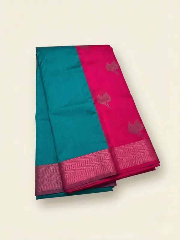 Teal_Green_&_Rani_Pink_Firoza_Pattu_With_Lotus_Butta_Border_Saree