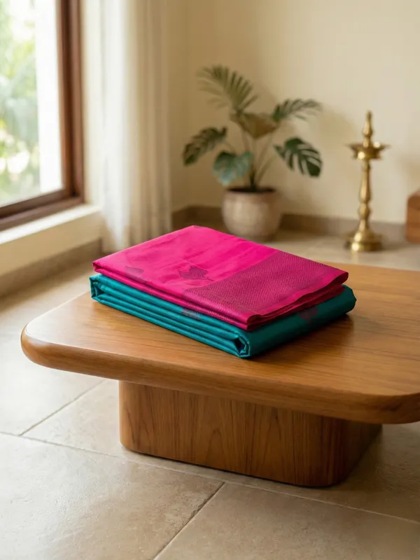 Teal_Green_&_Rani_Pink_Firoza_Pattu_With_Lotus_Butta_Border_Saree