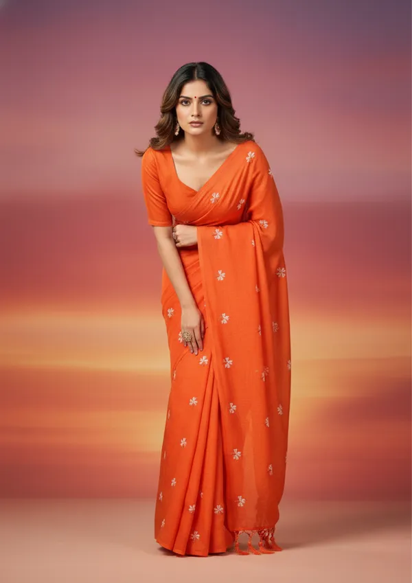 Orange_Floral_Embroidered_Khadi_Cotton_Saree_With_Tassels