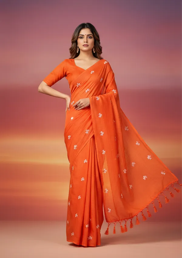 Orange_Floral_Embroidered_Khadi_Cotton_Saree_With_Tassels