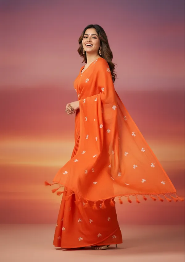 Orange_Floral_Embroidered_Khadi_Cotton_Saree_With_Tassels