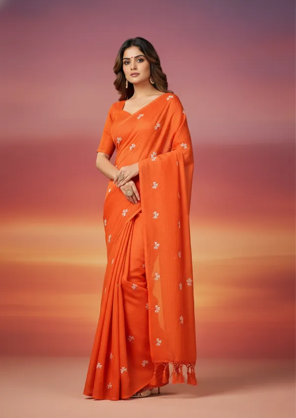 Orange_Floral_Embroidered_Khadi_Cotton_Saree_With_Tassels