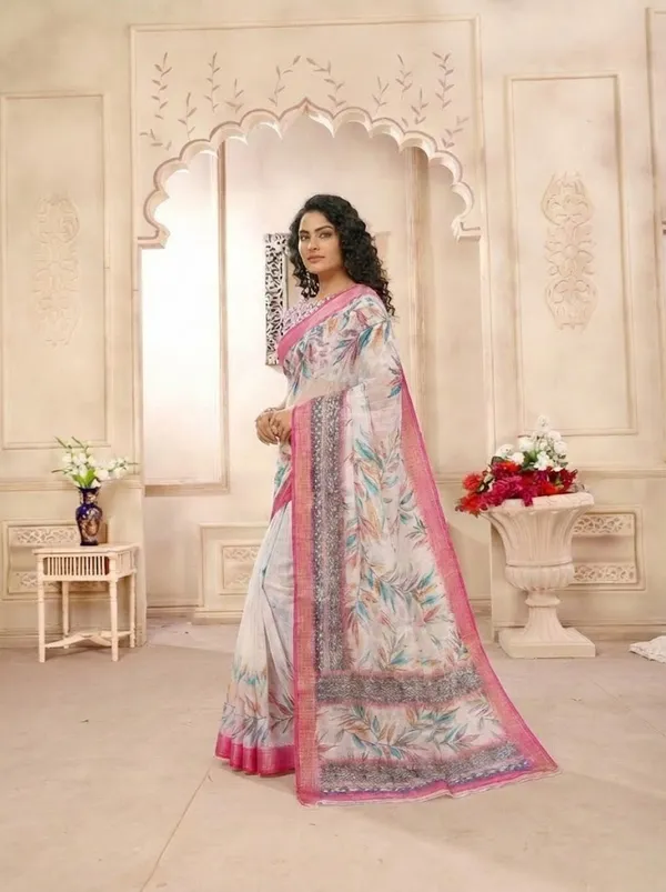 Off_White_And_Pink_Floral_Leaf_Print_Soft_Linen_Saree_With_Pink_Border