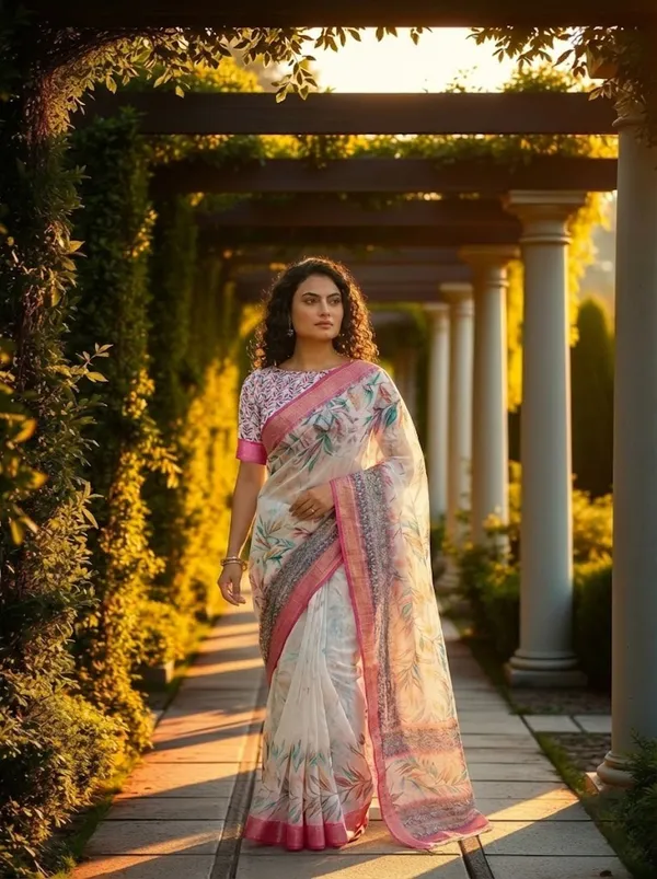 Off_White_And_Pink_Floral_Leaf_Print_Soft_Linen_Saree_With_Pink_Border