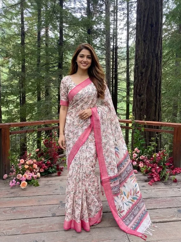 Off_White_And_Pink_Floral_Leaf_Print_Soft_Linen_Saree_With_Pink_Border