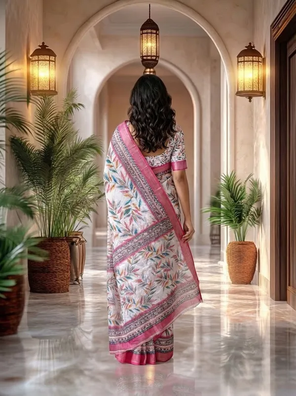 Off_White_And_Pink_Floral_Leaf_Print_Soft_Linen_Saree_With_Pink_Border