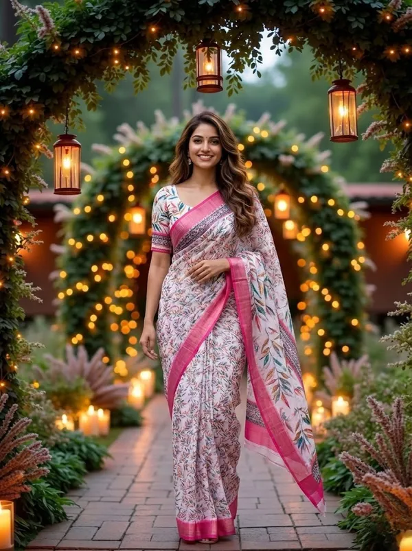 Off_White_And_Pink_Floral_Leaf_Print_Soft_Linen_Saree_With_Pink_Border