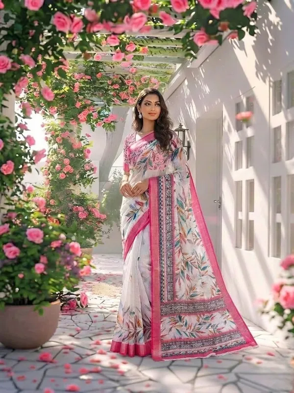 Off_White_And_Pink_Floral_Leaf_Print_Soft_Linen_Saree_With_Pink_Border