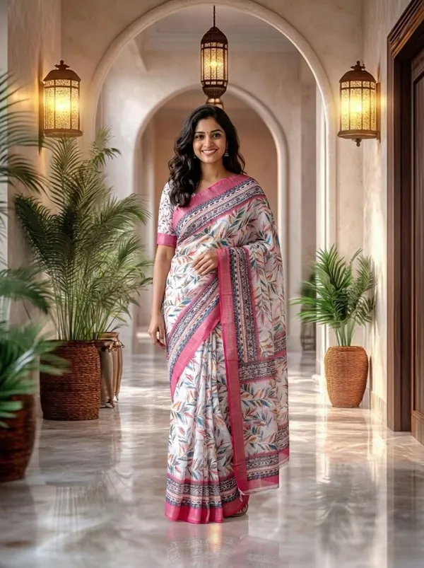 Off_White_And_Pink_Floral_Leaf_Print_Soft_Linen_Saree_With_Pink_Border
