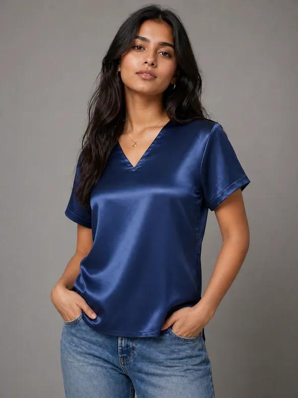Glossy_Navy_Satin_Casual_Top