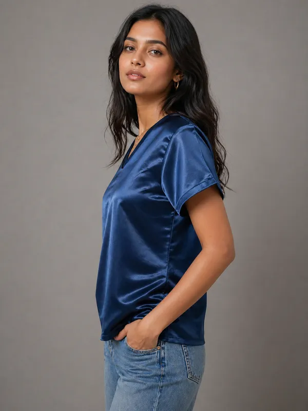 Glossy_Navy_Satin_Casual_Top