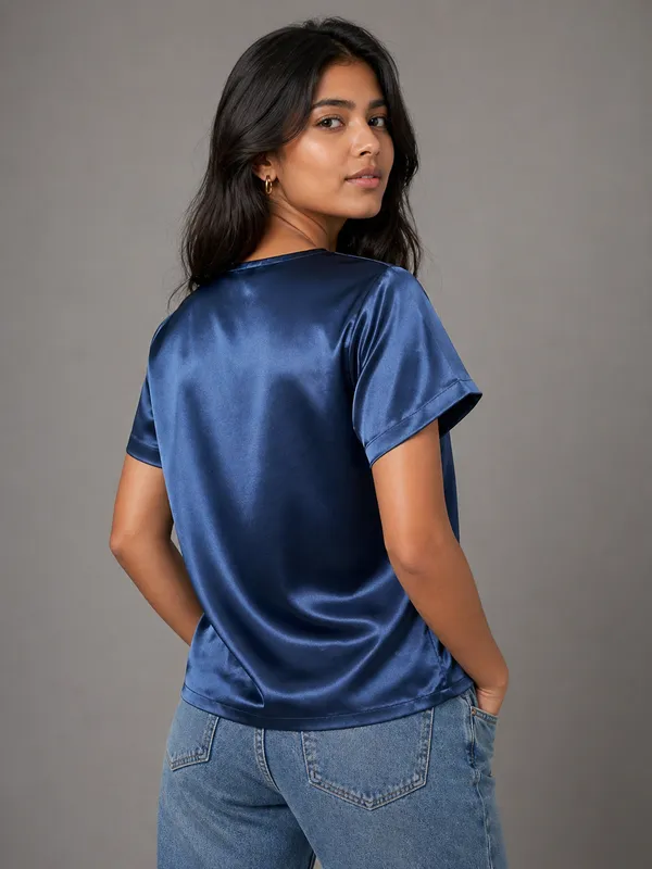 Glossy_Navy_Satin_Casual_Top