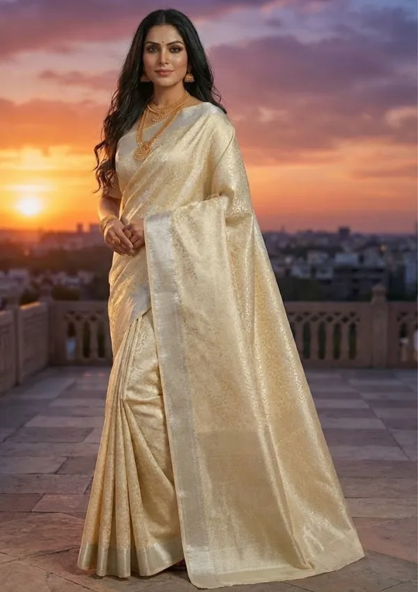 Cream_And_Golden_Beige_Jacquard_Soft_Silk_Saree_With_Silver_Zari_Border
