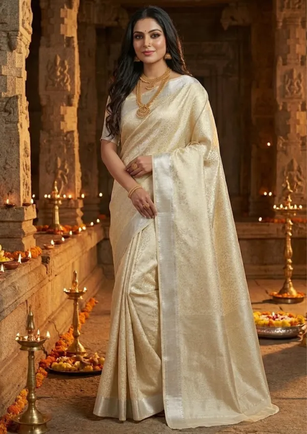 Cream_And_Golden_Beige_Jacquard_Soft_Silk_Saree_With_Silver_Zari_Border
