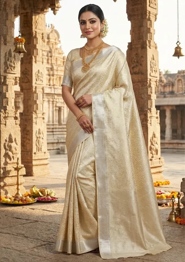 Cream_And_Golden_Beige_Jacquard_Soft_Silk_Saree_With_Silver_Zari_Border
