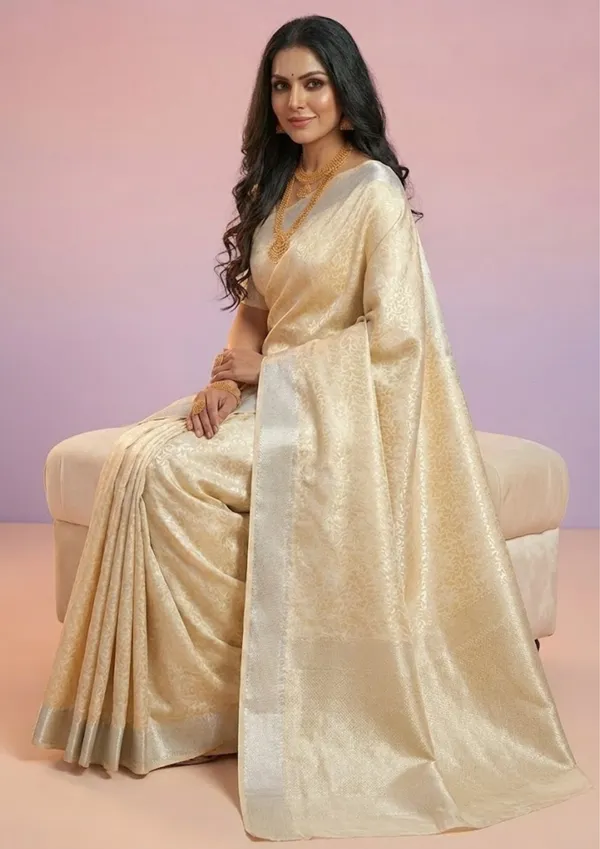 Cream_And_Golden_Beige_Jacquard_Soft_Silk_Saree_With_Silver_Zari_Border