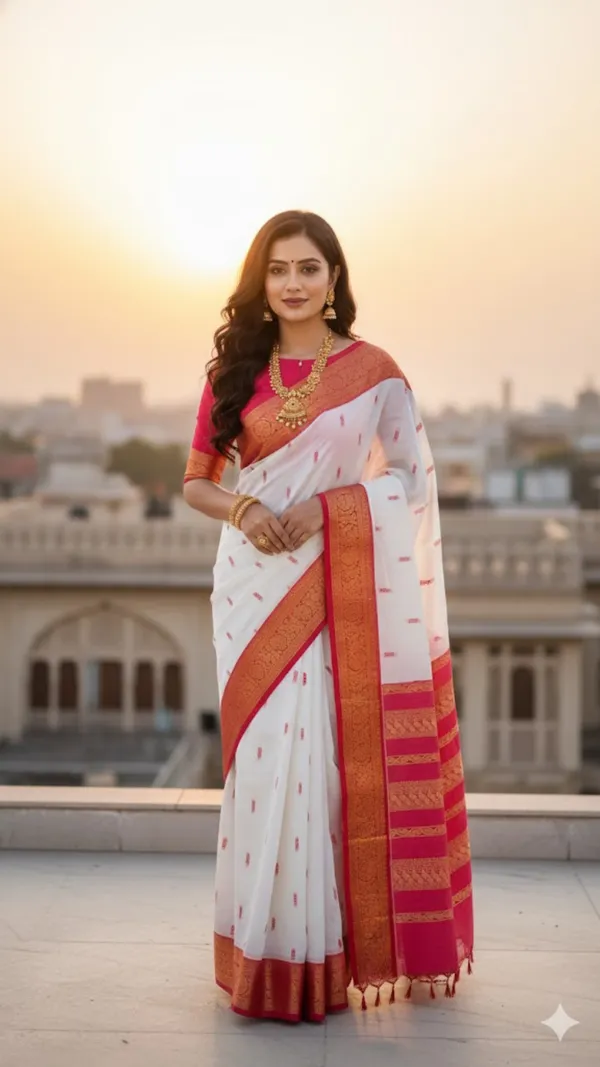 Cream_Off_White_With_Rani_Pink_And_Gold_Handcrafted_Kalyani_Cotton_Saree_With_Contrast_Zari_Border