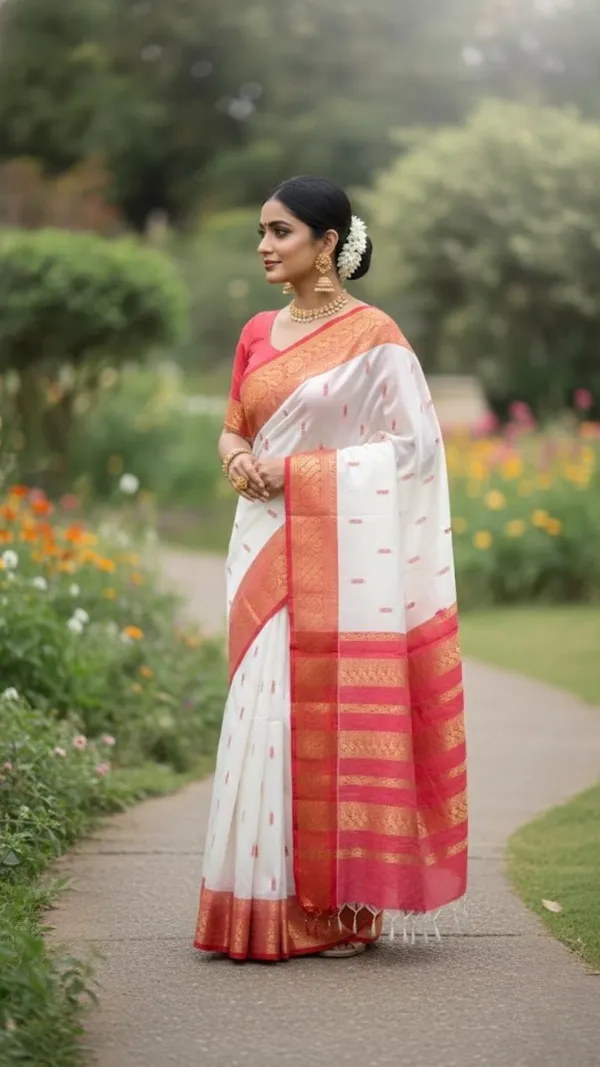 Cream_Off_White_With_Rani_Pink_And_Gold_Handcrafted_Kalyani_Cotton_Saree_With_Contrast_Zari_Border
