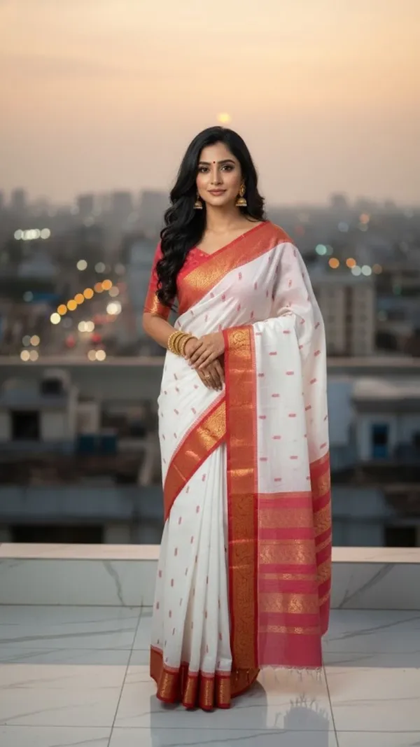 Cream_Off_White_With_Rani_Pink_And_Gold_Handcrafted_Kalyani_Cotton_Saree_With_Contrast_Zari_Border