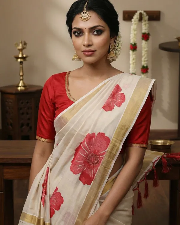 Off_White_And_Ivory_With_Red_Floral_Print_And_Gold_Kasavu_Border_Hibiscus_Bloom_Kasavu_Saree