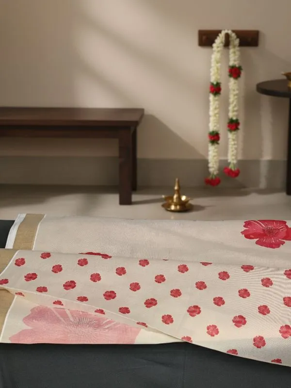 Off_White_And_Ivory_With_Red_Floral_Print_And_Gold_Kasavu_Border_Hibiscus_Bloom_Kasavu_Saree